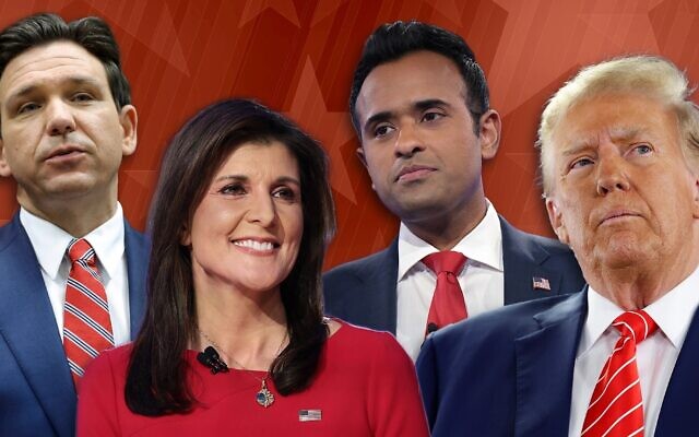 From left to right: Ron DeSantis, Nikki Haley, Vivek Ramaswamy and Donald Trump. (Getty Images via JTA; Design by Mollie Suss)