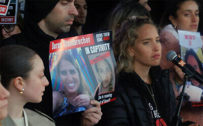 Yamit Ashkenazi (R), whose sister Doron Steinbrecher is held in Gaza, speaks at a rally at The Hague, February 14, 2024 (Hostage and Missing Families Forum)