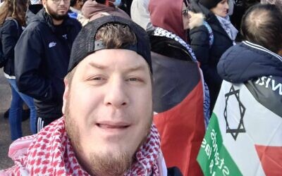 Jeffrey Stevens at an anti-Israel rally in a photo posted to his public Facebook account on January 23. (Facebook/used in accordance with Clause 27a of the Copyright Law)