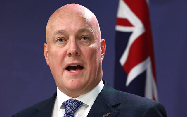 New Zealand's Prime Minister Christopher Luxon reacts as he speaks during a press conference in Sydney on December 20, 2023. (David Gray/AFP)