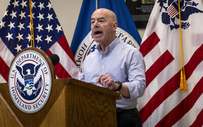 Secretary of Homeland Security Alejandro Mayorkas holds a press conference at a US Border Patrol station in Eagle Pass, Texas, on January 08, 2024. (John Moore/Getty Images/AFP)