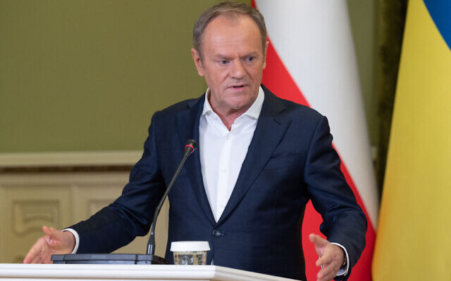 In this handout photograph taken and released by Ukrainian presidential press service on January 22, 2024, Poland's Prime Minister Donald Tusk gives a press conference following his meeting with Ukrainian president in Kyiv. (Handout /Ukrainian Presidential Press Service/AFP)