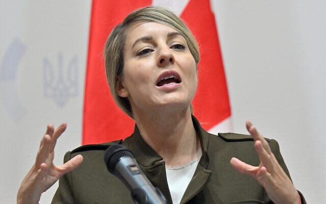 Canadian Foreign Minister Mélanie Joly addresses a joint press conference with Ukrainian Minister of Foreign Affairs in Kyiv on February 2, 2024. (Sergei SUPINSKY / AFP)