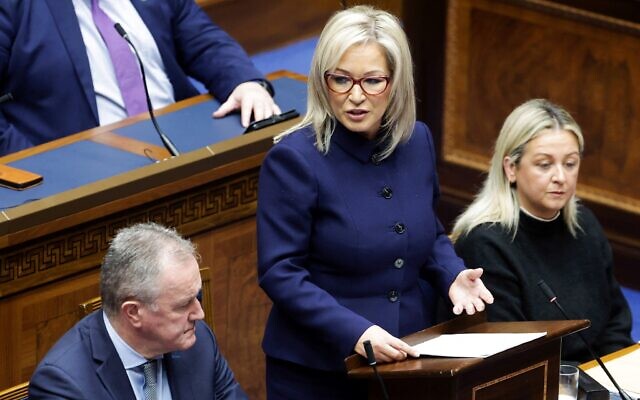 Newly appointed Northern Ireland's First minister, from Sinn Fein, party Michelle O'Neil speaks during the Northern Ireland Assembly, at the Parliament Building, in Stormont, February 3, 2024. (Photo by Kelvin BOYES / NORTHERN IRELAND ASSEMBLY / AFP)