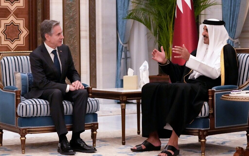 US Secretary of State Antony Blinken meets with Qatar's Emir Sheikh Tamim bin Hamad al-Thani at Lusail Palace, in Doha on February 6, 2024, during his Middle East tour, his fifth urgent trip to the region since the war between Israel and Hamas in Gaza erupted in October. (Mark Schiefelbein / POOL / AFP)