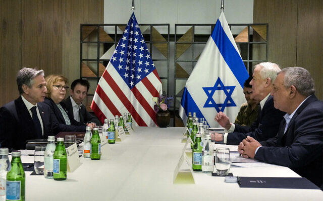 US Secretary of State Antony Blinken (L), accompanied by deputy chief of staff Tom Sullivan (3rd-L), meets with National Unity party No. 2 Gadi Eisenkot (R) and party leader Minister Benny Gantz (2nd-R), in Tel Aviv on February 8, 2024. (Mark Schiefelbein/AFP)