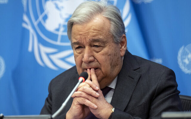 UN Secretary-General Antonio Guterres speaks on his priorities for 2024 during a press briefing at UN headquarters on February 8 , 2024 in New York. (Photo by ANGELA WEISS / AFP)