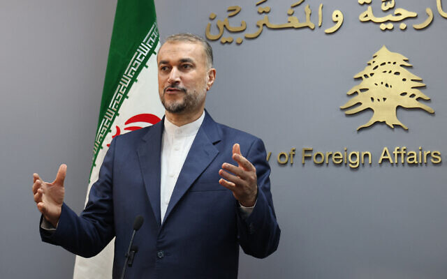 Iran's Foreign Minister Hossein Amir-Abdollahian speaks during a press conference with his Lebanese counterpart in Beirut on February 10, 2024. (Anwar AMRO / AFP)