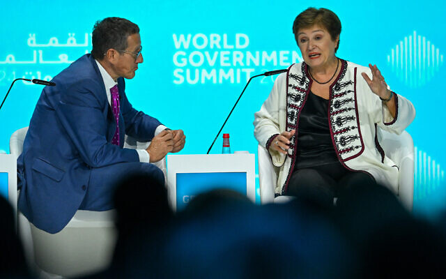 International Monetary Fund (IMF) Managing Director Kristalina Georgieva (R) speaks during the World Governments Summit in Dubai on February 12, 2024. (Photo by RYAN LIM / AFP)