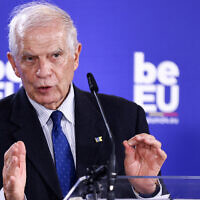 EU foreign policy chief Josep Borrell speaks during a press conference at the end of an Informal Foreign Affairs Council in Brussels, on February 12, 2023. (Kenzo TRIBOUILLARD / AFP)