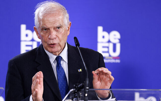 EU foreign policy chief Josep Borrell speaks during a press conference at the end of an Informal Foreign Affairs Council in Brussels, on February 12, 2023. (Kenzo Tribouillard/AFP)