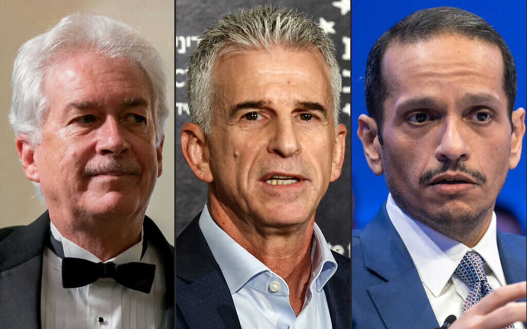 This combination of pictures created on February 13, 2024 shows (L to R) CIA Director William Burns, Mossad Director David Barnea, and Qatar's Prime Minister and Foreign Minister Sheikh Mohammed bin Abdulrahman al-Thani. (AFP)