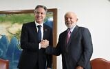 US Secretary of State Antony Blinken (L) shakes hands with Brazil's President Luiz Inacio Lula da Silva at Planalto Palace in Brasilia on February 21, 2024. (Evaristo SA/AFP)