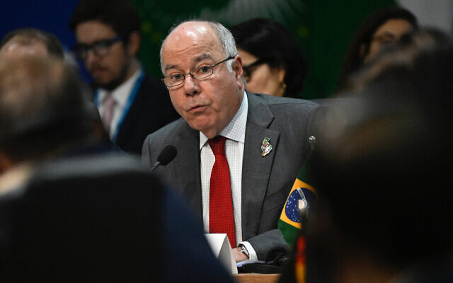 Brazil's Foreign Minister Mauro Vieira speaks during the G20 foreign ministers meeting in Rio de Janeiro, Brazil, on February 21, 2024. (MAURO PIMENTEL / AFP)