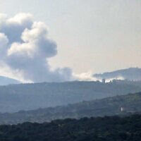 Smoke billowing above the Lebanese village of Blida during Israeli bombardment on February 22, 2024. (Jalaa MAREY / AFP)