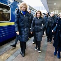 This handout picture released by the Palazzo Chigi Press Office shows Italian Prime Minister Giorgia Meloni arriving in Kyiv on February 24, 2024 to preside over a G7 virtual meeting on Ukraine on the second anniversary of the Russian invasion. (Handout/Palazzo Chigi press office/AFP)