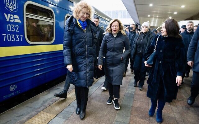 This handout picture released by the Palazzo Chigi Press Office shows Italian Prime Minister Giorgia Meloni arriving in Kyiv on February 24, 2024 to preside over a G7 virtual meeting on Ukraine on the second anniversary of the Russian invasion. (Handout/Palazzo Chigi press office/AFP)