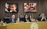 Los Angeles Unified School District Superintendent Austin Beutner, left, president Monica Garcia, center, and executive officer Jefferson Crain listen to testimony from attendees at the school board headquarters, January 29, 2019, in Los Angeles. (AP Photo/Marcio Jose Sanchez)