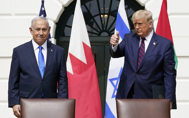 File: Former President Donald Trump and Israeli Prime Minister Benjamin Netanyahu attend the Abraham Accords signing ceremony on the South Lawn of the White House in Washington, September 15, 2020 (AP Photo/Alex Brandon, File)