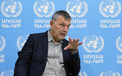 UNRWA chief Philippe Lazzarini speaks during an interview with The Associated Press at the UNRWA headquarters in Beirut, Lebanon, December 6, 2023. (AP Photo/Bilal Hussein)