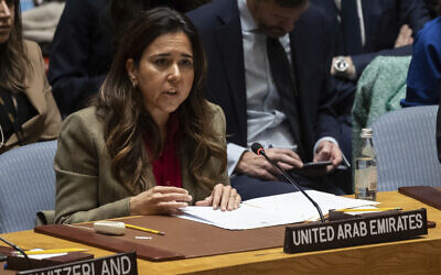 Permanent Representative of the United Arab Emirates to the United Nations Lana Nusseibeh speaks during the Security Council meeting at United Nations headquarters, December 22, 2023. (Yuki Iwamura/AP)