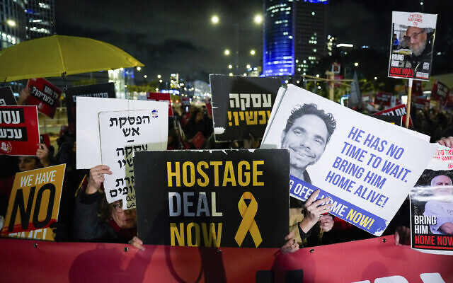 Israeli women demand the immediate release of the hostages held in the Gaza Strip by the Hamas terror group at a protest in Tel Aviv, Feb. 1, 2024 (AP Photo/Ariel Schalit)