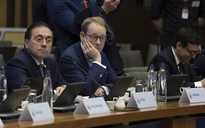 File: Sweden's Foreign Minister Tobias Billstrom, center, listens to speeches during a round table meeting of EU foreign ministers at the Egmont Palace in Brussels, February 3, 2024. (Omar Havana/AP)