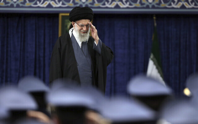 In this photo released by the office of the Iranian supreme leader, Supreme Leader Ayatollah Ali Khamenei appears in Tehran, Iran, Monday, Feb. 5, 2024. (Office of the Iranian Supreme Leader via AP)