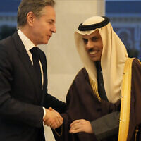 US Secretary of State Antony Blinken (left) is greeted by Saudi Arabia's Foreign Minister Prince Faisal bin Farhan Al-Saud, in Riyadh, Saudi Arabia, February 5, 2024. (AP Photo/Mark Schiefelbein, Pool)