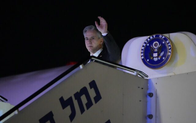 US Secretary of State Antony Blinken arrives at Ben Gurion Airport, February 6, 2024. (AP Photo/Mark Schiefelbein, Pool)