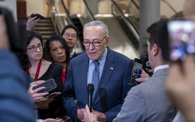 Senate Majority Leader Chuck Schumer, D-N.Y., discusses next steps for the foreign aid package for Ukraine and Israel on the day after the bipartisan Senate border security bill collapsed, at the Capitol in Washington, Wednesday, Feb. 7, 2024. (AP Photo/J. Scott Applewhite)