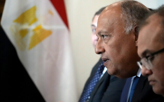 Egypt's Foreign Minister Sameh Shoukry, center, speaks with his Cypriot counterpart Constantinos Kombos, during their meeting at the foreign house in Nicosia, Cyprus, on Thursday, Feb. 8, 2024. (AP Photo/Petros Karadjias)
