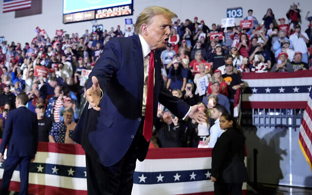 Illustrative: Republican presidential candidate former President Donald Trump gestures to the crowd after speaking at a Get Out The Vote rally at Coastal Carolina University in Conway, South Carolina, Saturday, February 10, 2024. (AP/Manuel Balce Ceneta)