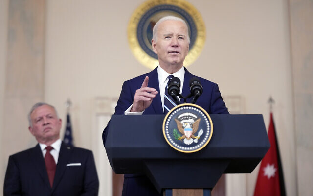 US President Joe Biden speaks as Jordan's King Abdullah II listens in the Cross Hall of the White House, Feb. 12, 2024, in Washington. (AP/Andrew Harnik)