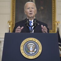 US President Joe Biden delivers remarks on a $95 billion Ukraine Israel aid package being debated in Congress, in the White House, February 13, 2024, in Washington. (AP Photo/Evan Vucci)