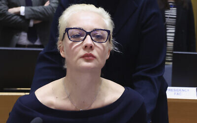 Yulia Navalnaya, wife of Russian opposition leader Alexei Navalny, addresses a meeting of EU foreign ministers at the European Council building in Brussels, February 19, 2024. (Yves Herman, Pool Photo via AP)