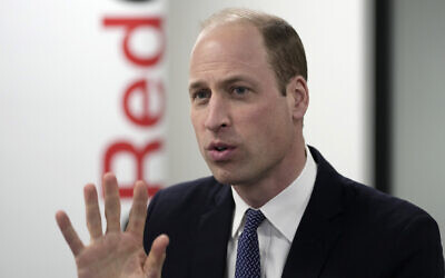 Britain's Prince William visits the British Red Cross at its headquarters in London, Feb. 20, 2024.  (AP Photo/Kin Cheung, Pool)