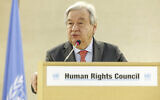 UN Secretary-General Antonio Guterres delivers his remarks, during the opening of the High-Level Segment of the 55th session of the Human Rights Council at the European headquarters of the United Nations in Geneva, Switzerland, February 26, 2024. (Salvatore Di Nolfi/Keystone via AP)