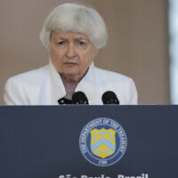 US Secretary of the Treasury Janet Yellen gives a press conference a day ahead of the G20 Finance Ministers and Central Bank Governors meetings in Sao Paulo, Brazil, February 27, 2024. (Andre Penner/AP)
