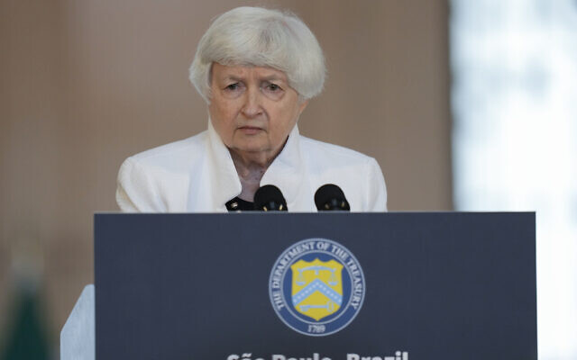 US Secretary of the Treasury Janet Yellen gives a press conference a day ahead of the G20 Finance Ministers and Central Bank Governors meetings in Sao Paulo, Brazil, February 27, 2024. (Andre Penner/AP)