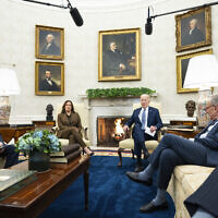 US President Joe Biden (2nd right) speaks during a meeting with Congressional leaders in the Oval Office of the White House, in Washington, February 27, 2024. From left, Speaker of the House Mike Johnson, of Louisiana, US Vice President Kamala Harris, Biden, and Senate Majority Leader Sen. Chuck Schumer of New York. (Evan Vucci/AP)