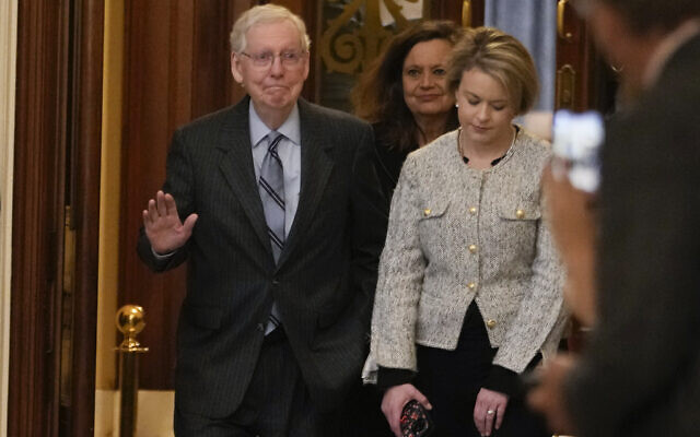Senate Minority Leader Mitch McConnell of Kentucky walks off the Senate floor after speaking, February 28, 2024, at the Capitol in Washington. (AP/Jacquelyn Martin)