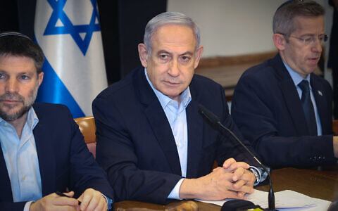 Prime Minister Benjamin Netanyahu leads a cabinet meeting at Hakirya base in Tel Aviv on January 7, 2024. (Yariv Katz/POOL)
