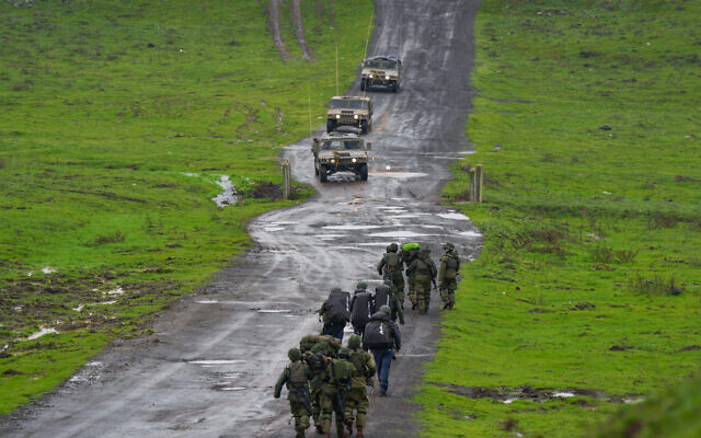 Israeli reserve soldiers take part in a military drill in the Golan Heights, northern Israel, January 24, 2024. (Ayal Margolin/Flash90)