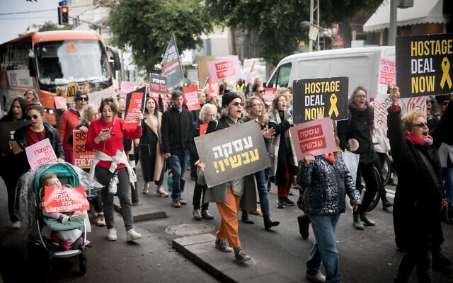 Women march for a deal to release Israeli hostages held by Hamas terrorists in Gaza, in Tel Aviv, February 1, 2024. (Miriam Alster/Flash90)