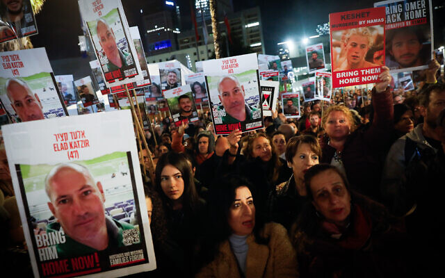Israelis attend a rally calling for the release of hostages held by Hamas terrorists in Gaza, at Hostages Square in Tel Aviv, February 3, 2024. (Miriam Alster/Flash90)