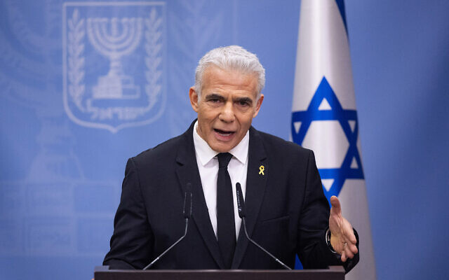 Opposition Leader Yair Lapid leads a faction meeting at the Knesset in Jerusalem, February 5, 2024. (Yonatan Sindel/ Flash90)