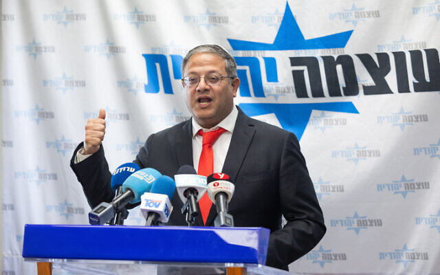 National Security Minister Itamar Ben Gvir leads an Otzma Yehudit faction meeting at the Knesset on February 5, 2024. (Yonatan Sindel/Flash90)