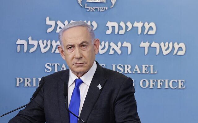 Prime Minister Benjamin Netanyahu speaks during a press conference in Jerusalem on February 7, 2024. (Marc Israel Sellem/Pool/Flash90)
