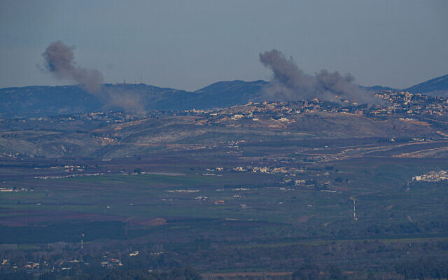 Smoke rises after an Israeli airstrike in southern Lebanon, as seen from the Israeli side of the border, February 8, 2024. (Ayal Margolin/Flash90)